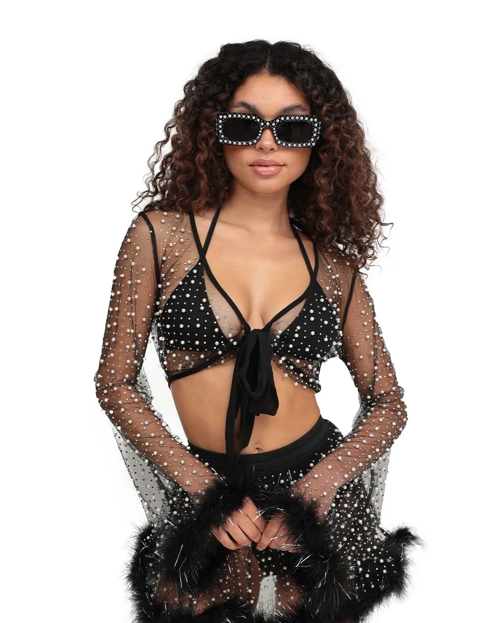Happy Ever After Tinsel Marabou Mesh Top - Black