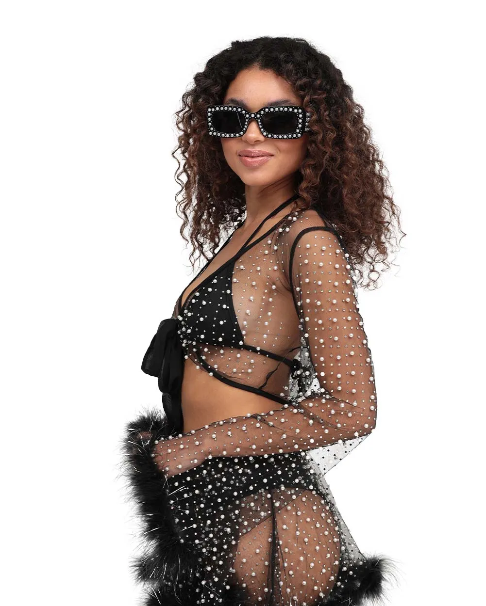 Happy Ever After Tinsel Marabou Mesh Top - Black