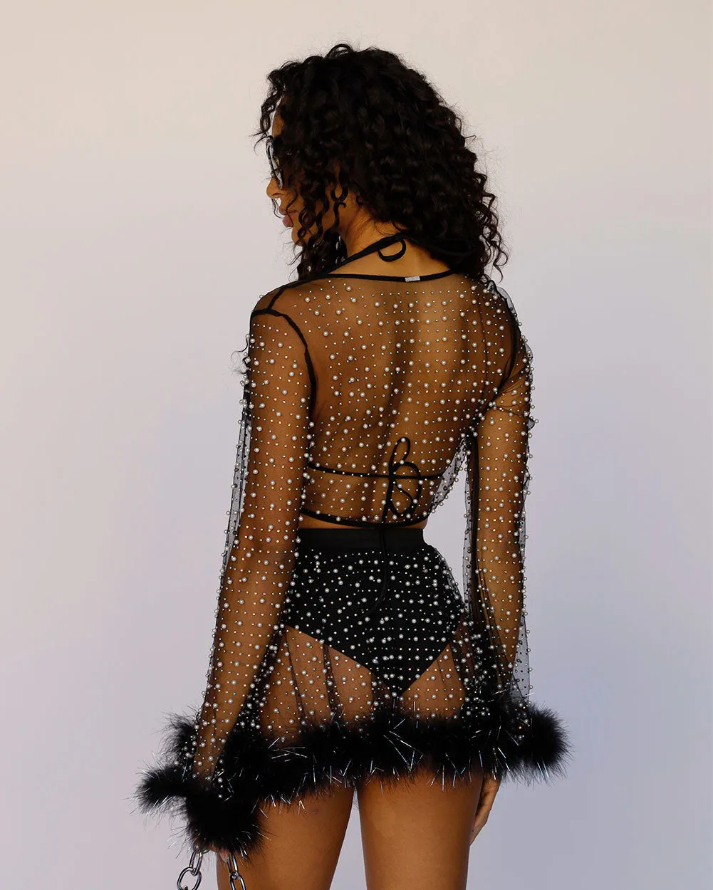 Happy Ever After Tinsel Marabou Mesh Top - Black