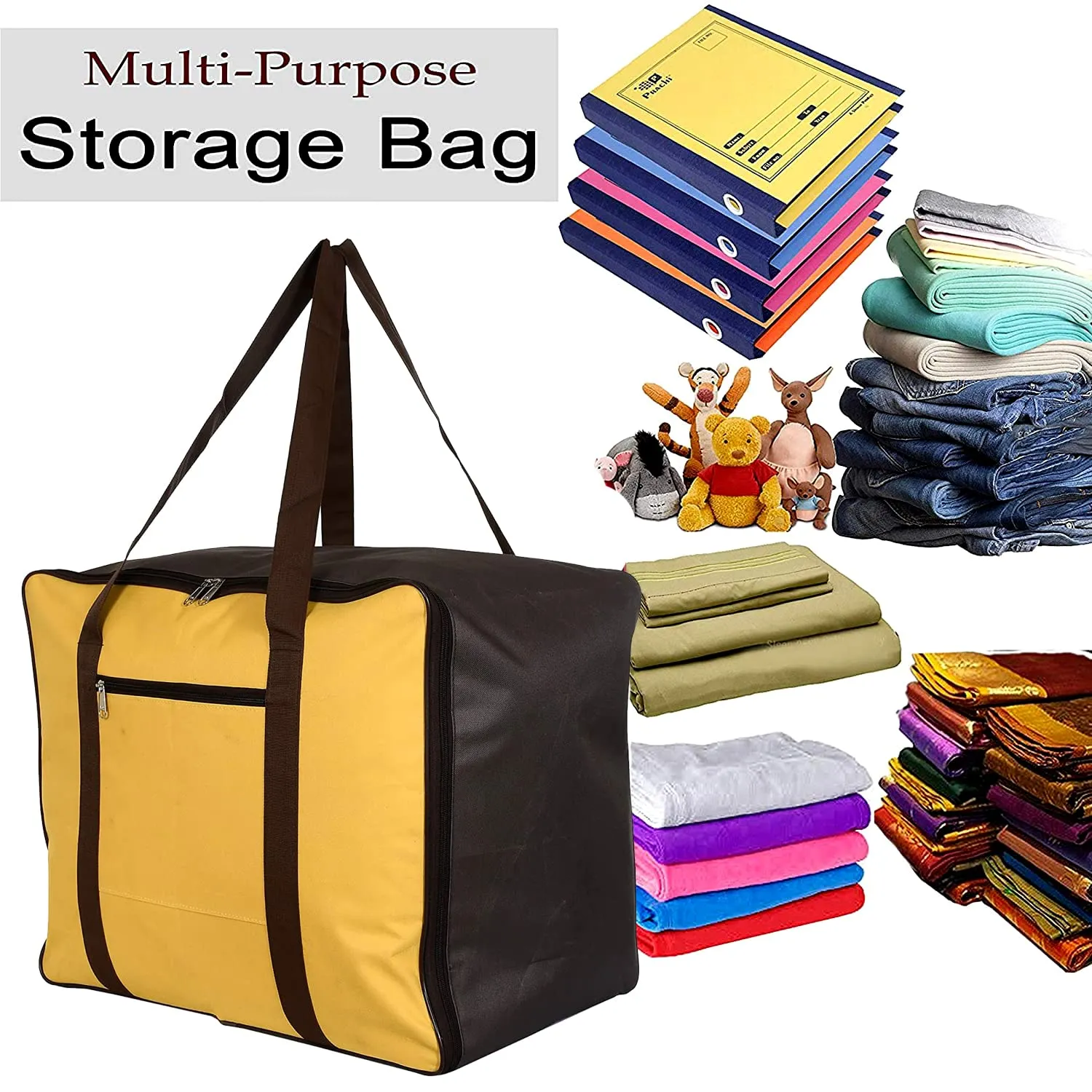 Heart Home Moisture Proof Wardrobe Organizer Storage Bag For Clothes With Zipper Closure and Handle- Pack of 2 (Yellow & Brown)-HS43HEARTH26655