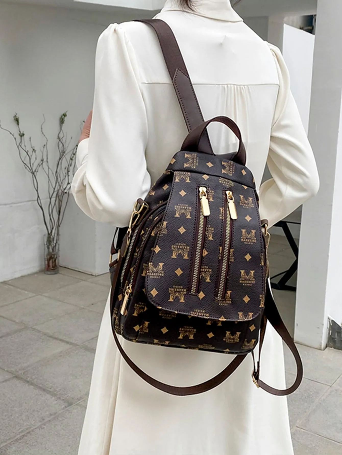 Letter Graphic Double Zip Front Backpack