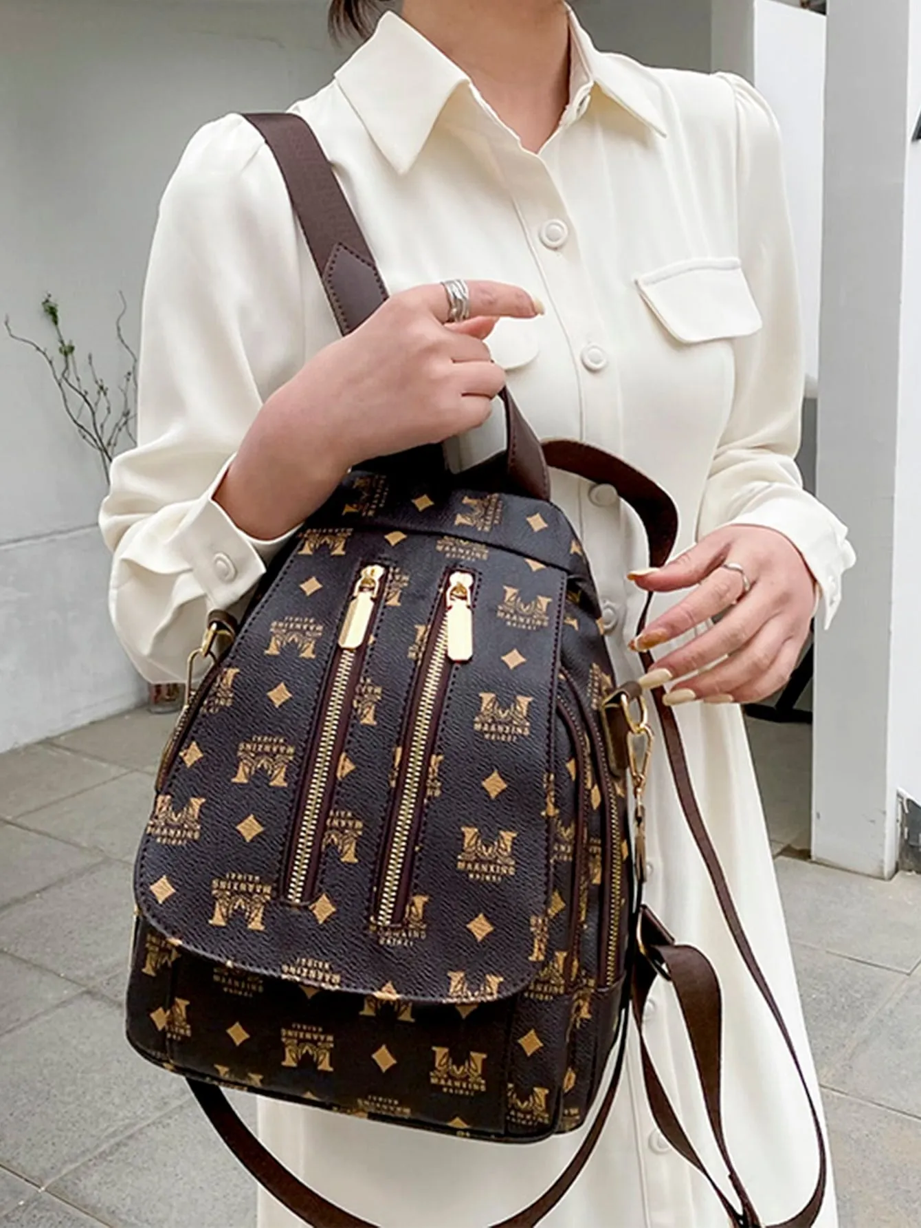 Letter Graphic Double Zip Front Backpack