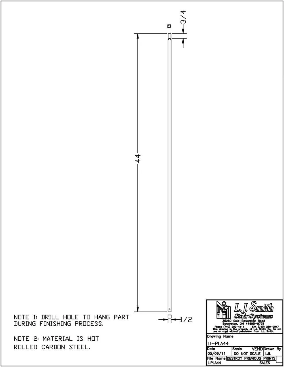 LI-PLA44 — Plain Bar Baluster (1/2" Square Solid)