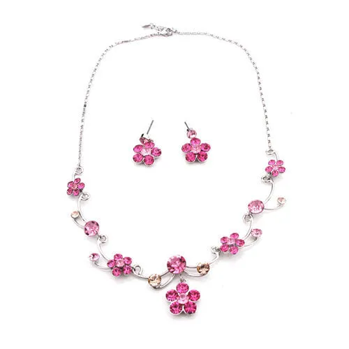 LUX Swarovski Crystal Floral Bridal Necklace Earring Set Pink