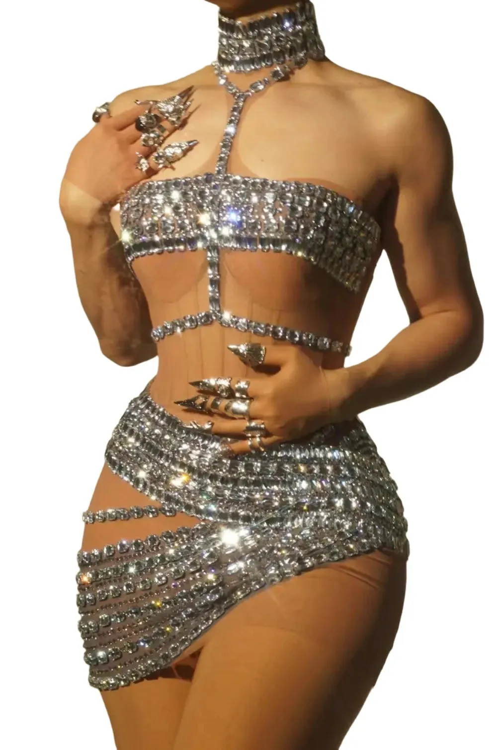 Luxurious Crystal Mesh Hollow Out Mini Dress