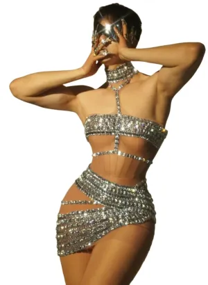 Luxurious Crystal Mesh Hollow Out Mini Dress