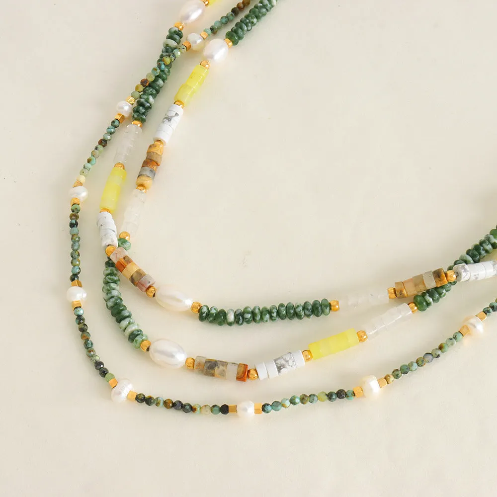 Luxurious Handcrafted Pearl Necklace with Natural Stone Accents