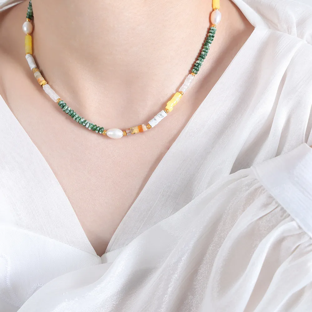Luxurious Handcrafted Pearl Necklace with Natural Stone Accents