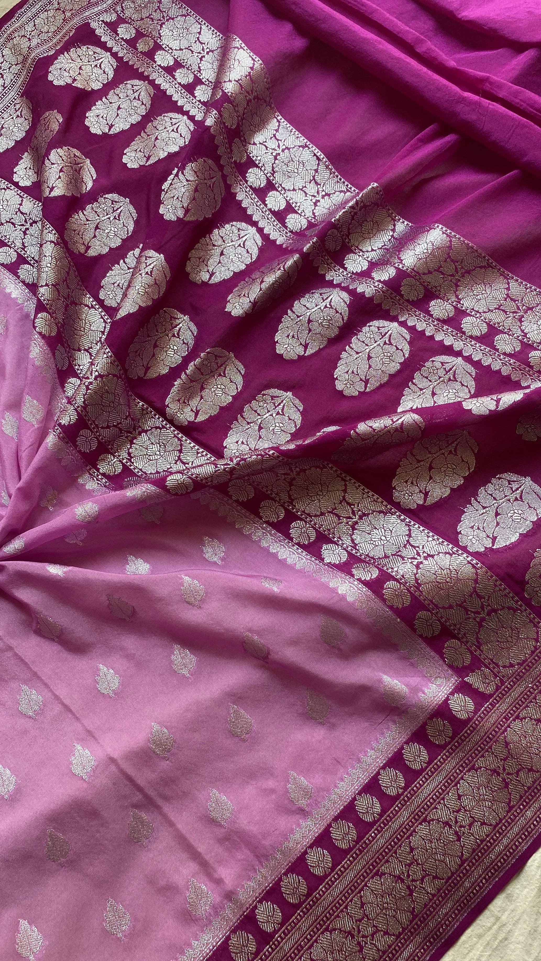 Luxurious Handwoven Pink Pure Chiffon Banarasi Sari
