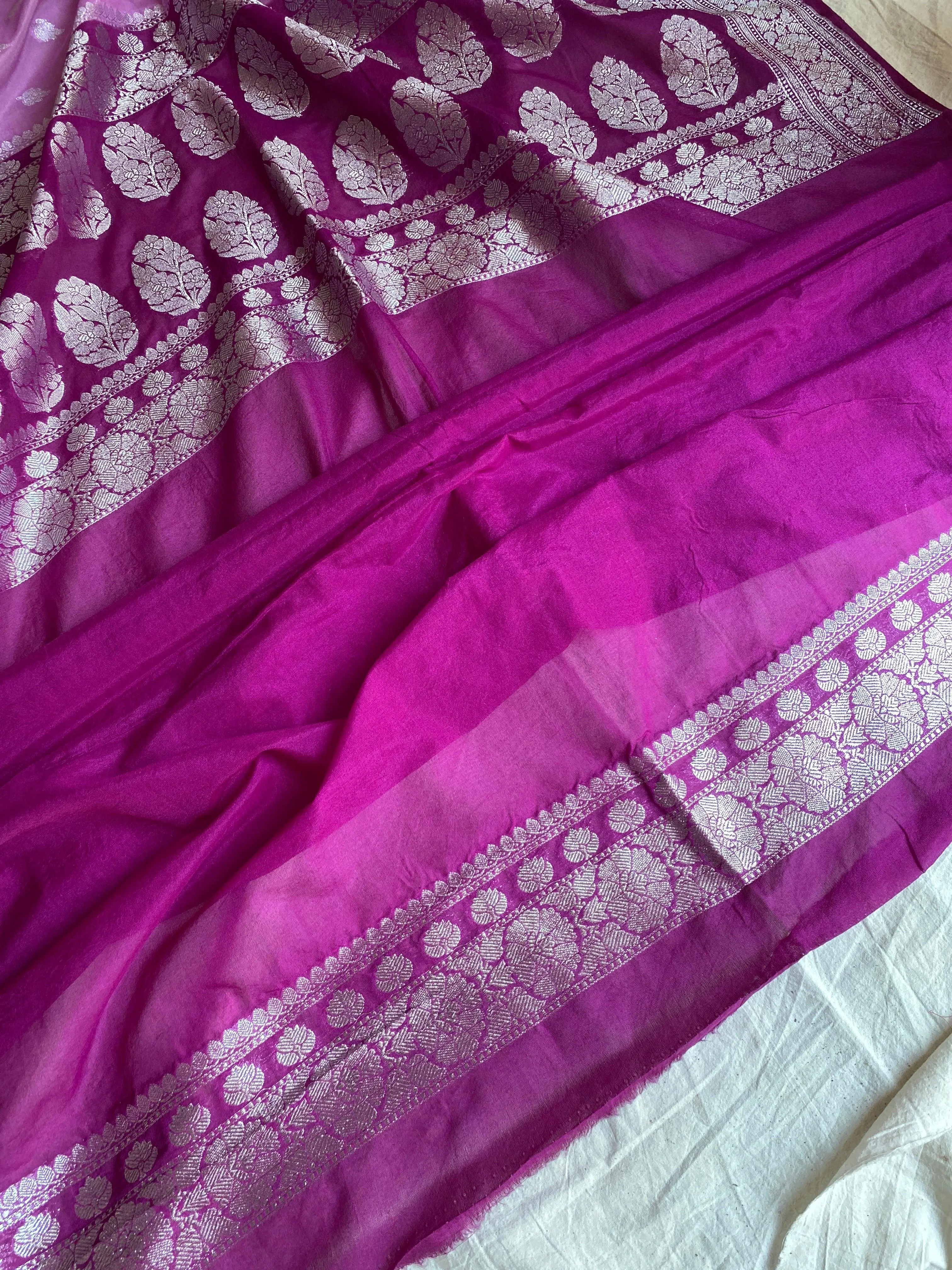 Luxurious Handwoven Pink Pure Chiffon Banarasi Sari