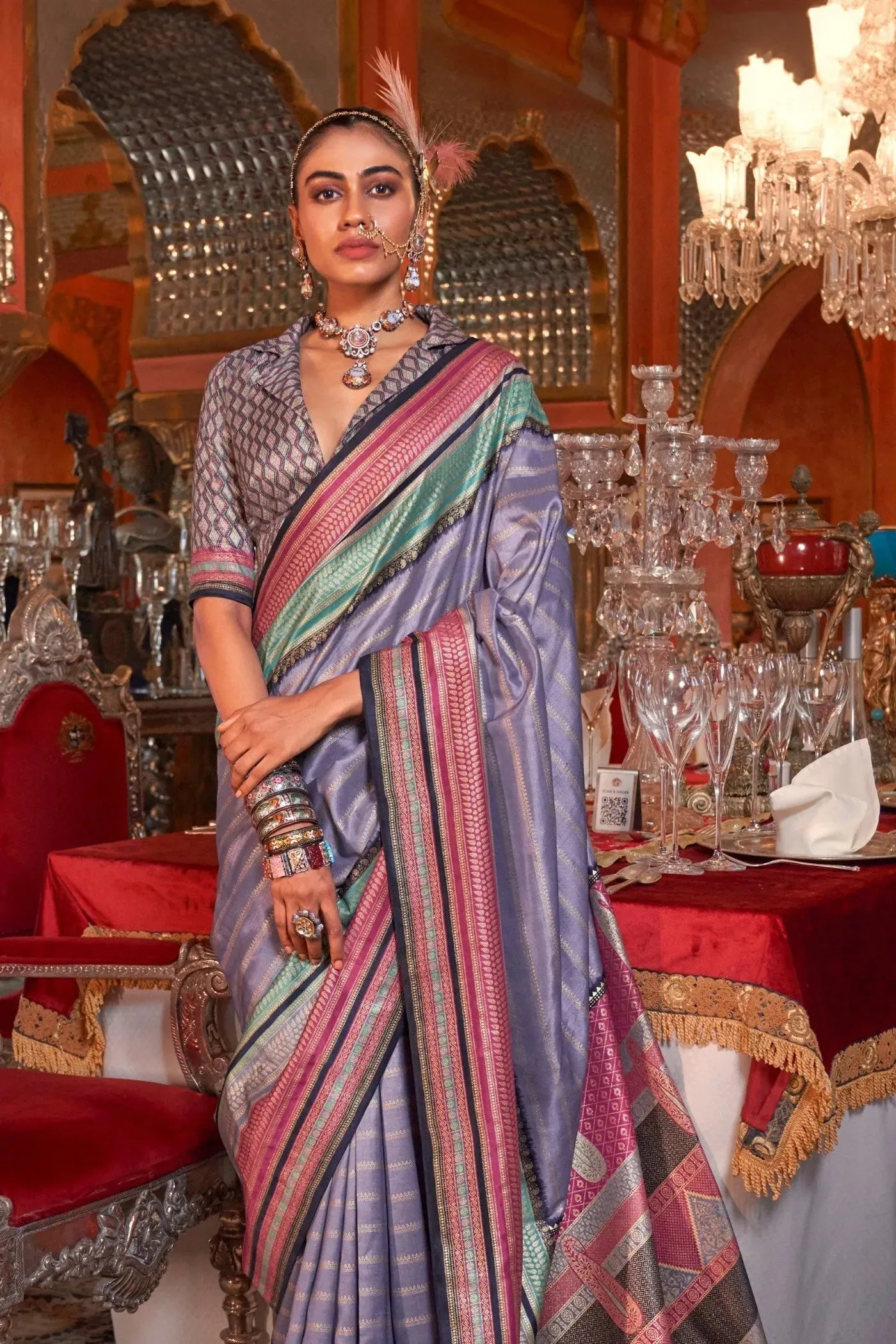 Luxurious Lavender Kanjivaram and Patola Printed Silk Saree