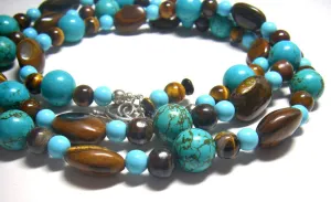 Luxurious Turquoise, Tigers Eye Long Silver Necklace