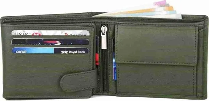 Men Green Genuine Leather Wallet (12 Card Slots).