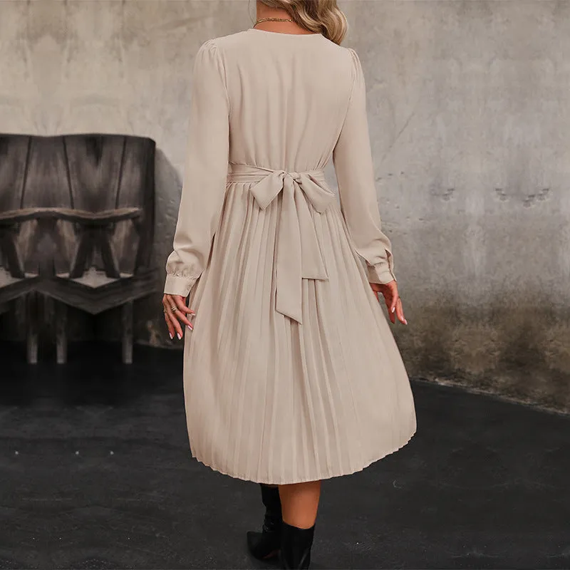 METAVERSMALL 2025  New autumn new dress solid color lace-up waist long-sleeved skirt autumn clothing  women's clothing