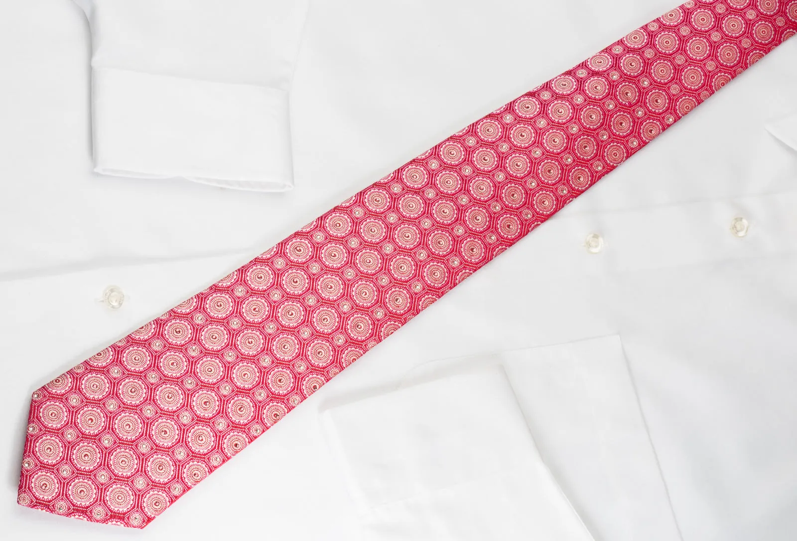 Metro City Silk Rhinestone Tie Medallions On Red With Silver Sparkles