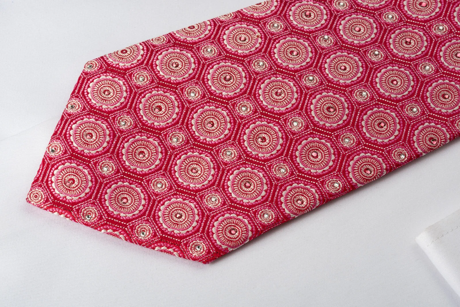 Metro City Silk Rhinestone Tie Medallions On Red With Silver Sparkles