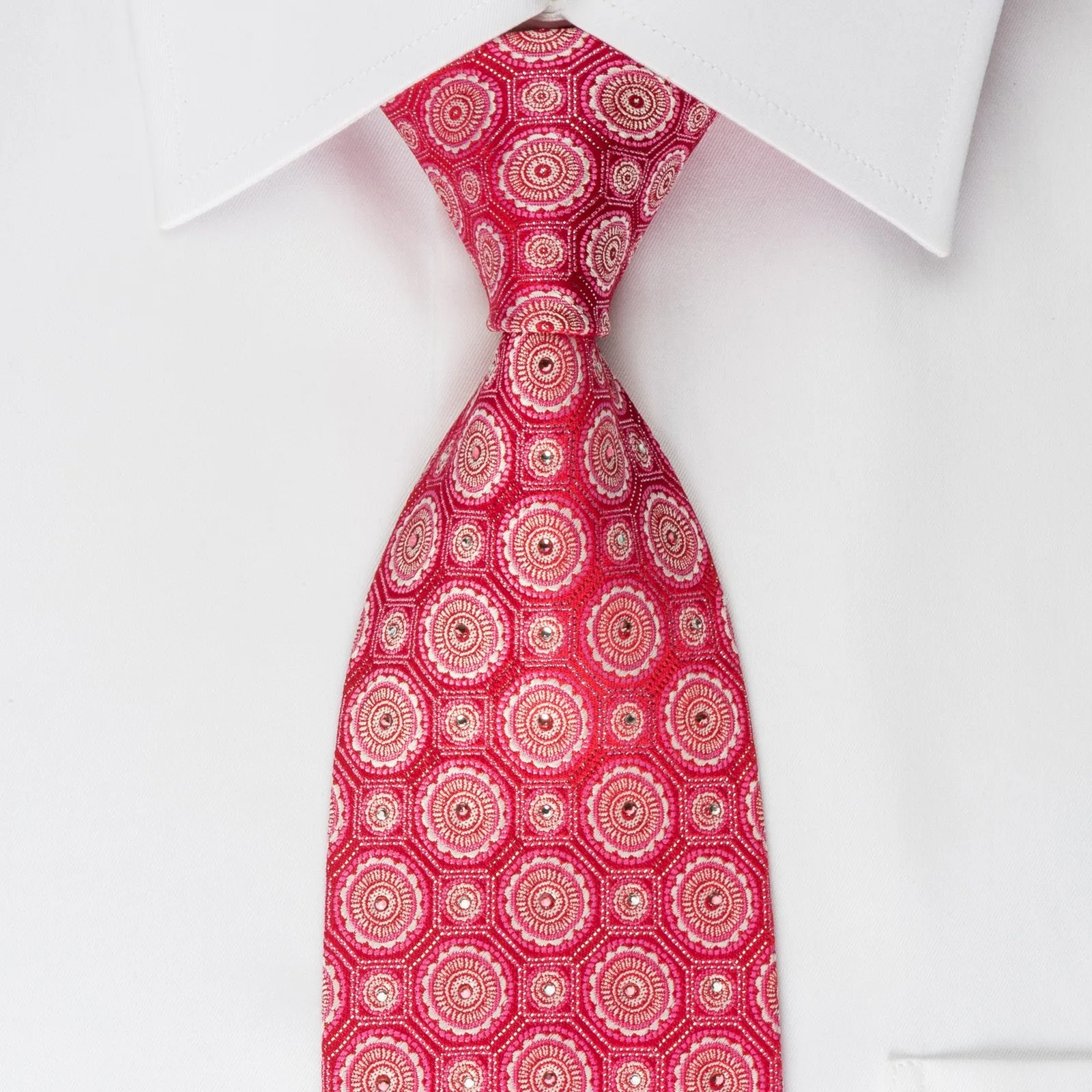 Metro City Silk Rhinestone Tie Medallions On Red With Silver Sparkles