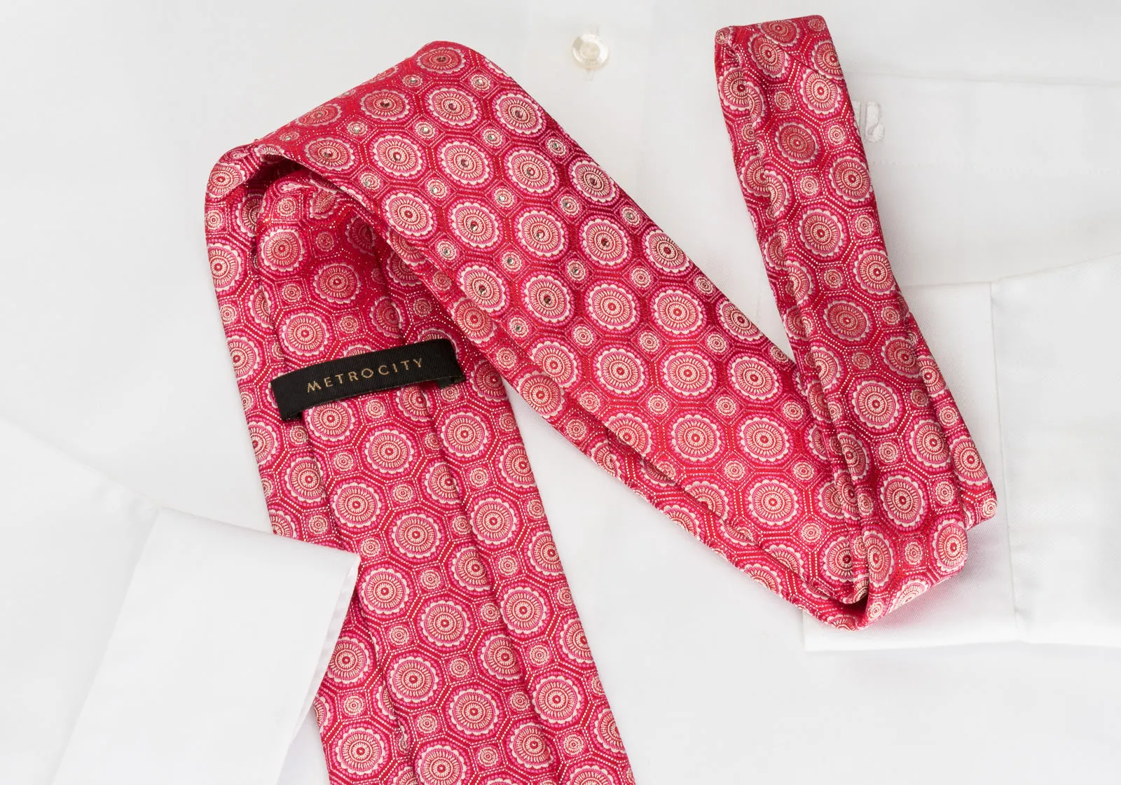 Metro City Silk Rhinestone Tie Medallions On Red With Silver Sparkles