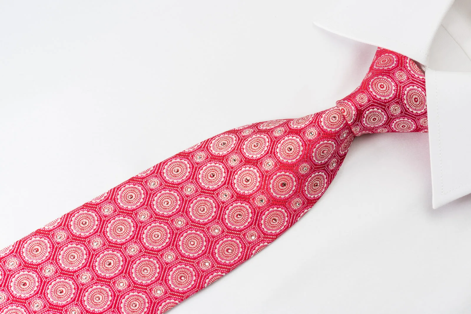 Metro City Silk Rhinestone Tie Medallions On Red With Silver Sparkles
