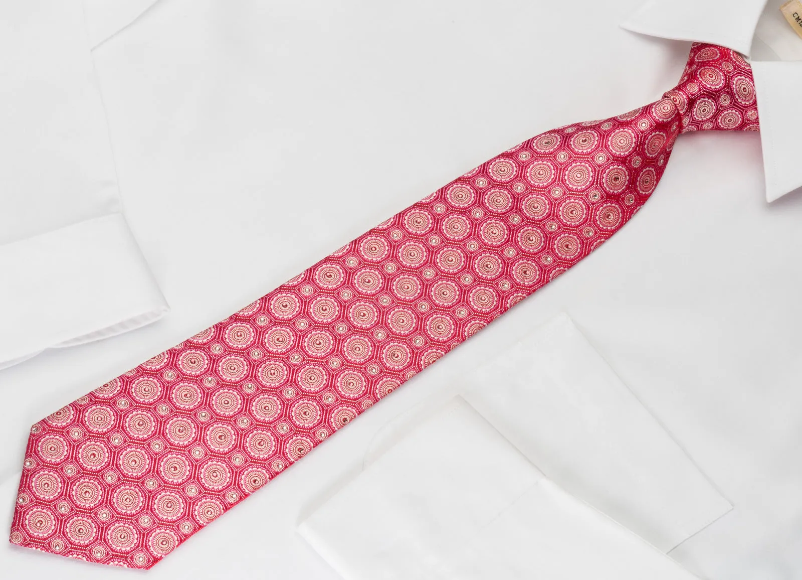 Metro City Silk Rhinestone Tie Medallions On Red With Silver Sparkles
