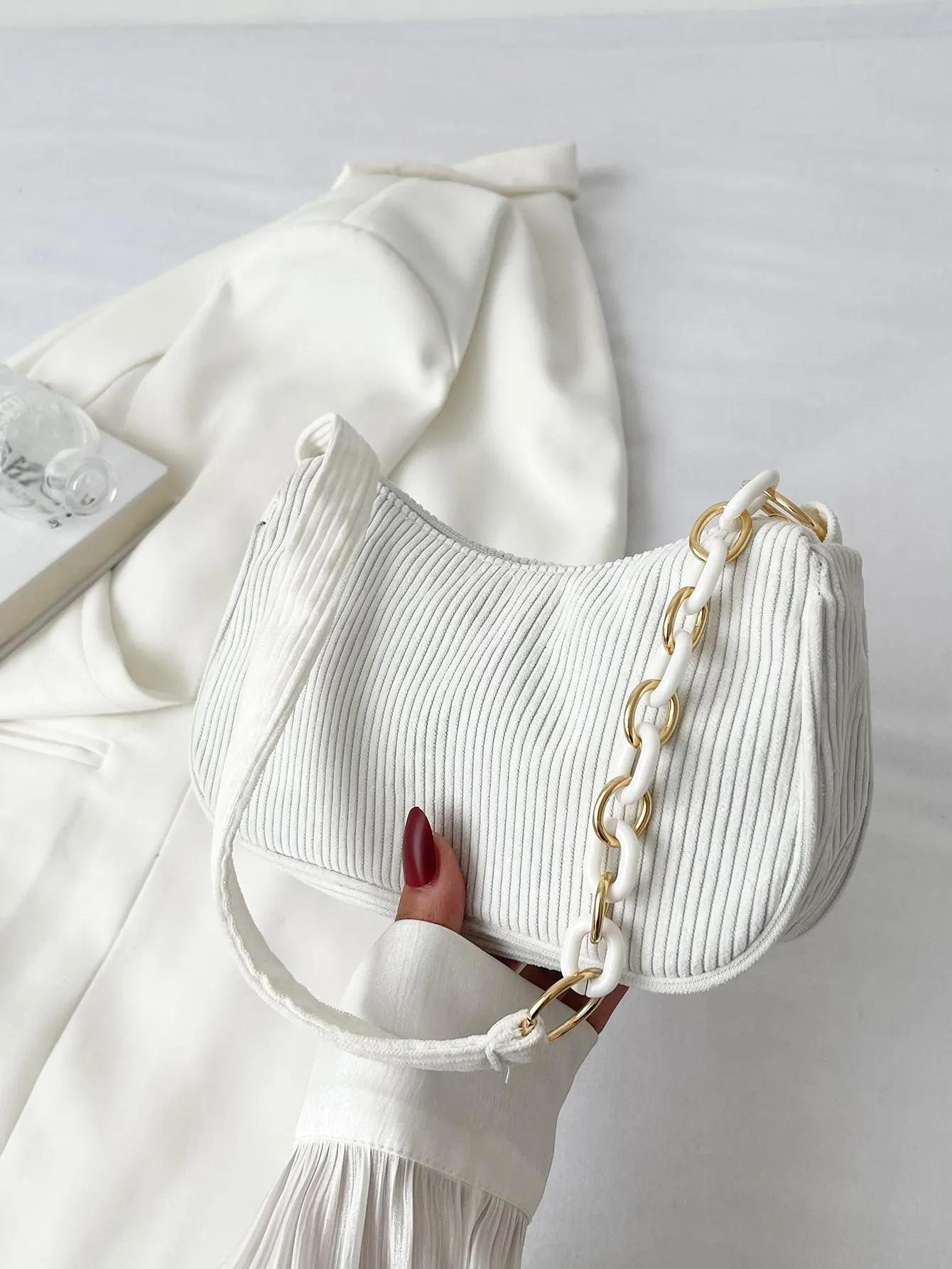 Minimalist Corduroy Chain Hobo Bag Zipper Preppy