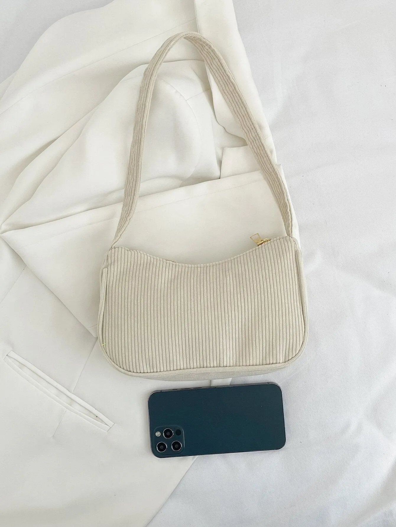 Minimalist Corduroy Chain Hobo Bag Zipper Preppy