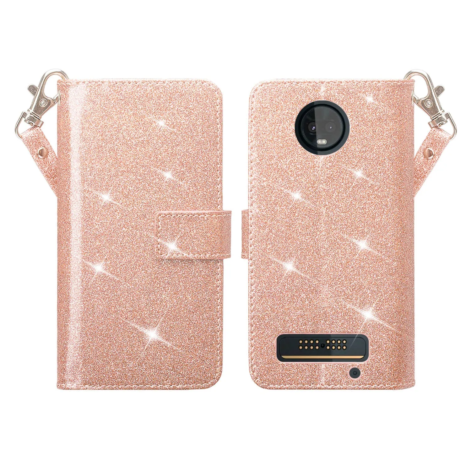 Motorola Moto Z3 Play Case, [Wrist Strap] Glitter Faux Leather Flip [Kickstand Feature] Protective Wallet Case Cover Clutch - Rose Gold