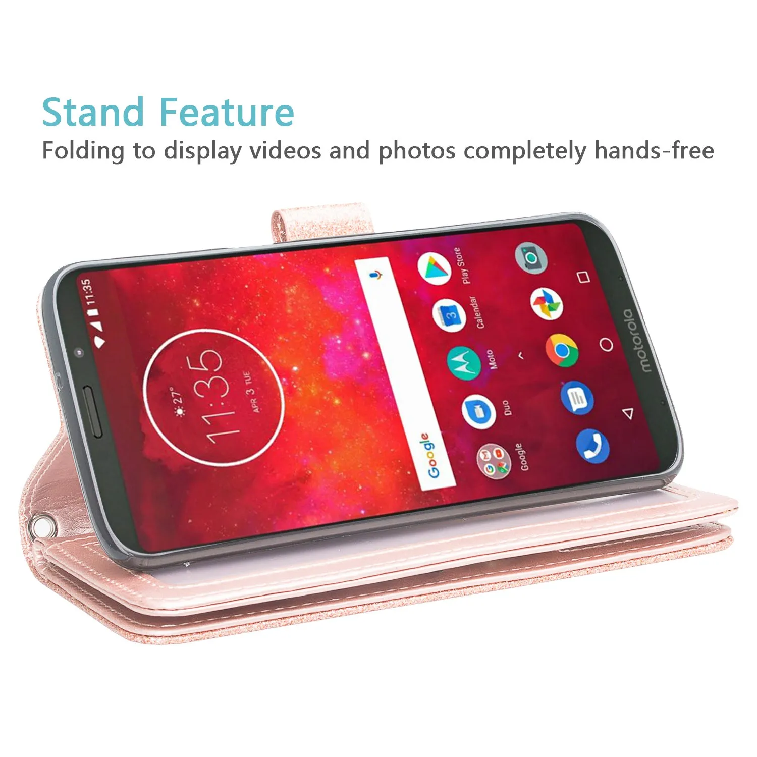 Motorola Moto Z3 Play Case, [Wrist Strap] Glitter Faux Leather Flip [Kickstand Feature] Protective Wallet Case Cover Clutch - Rose Gold