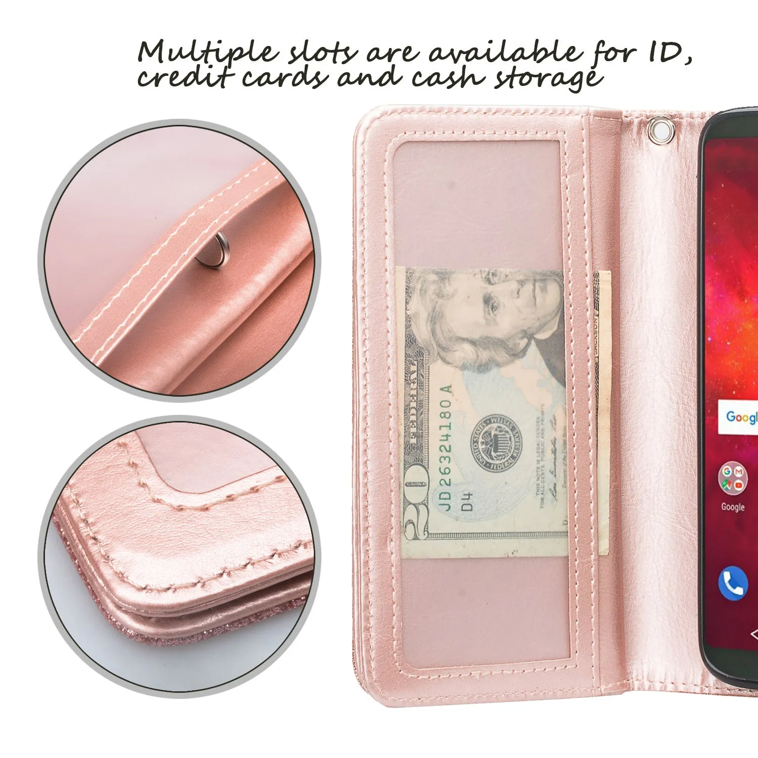 Motorola Moto Z3 Play Case, [Wrist Strap] Glitter Faux Leather Flip [Kickstand Feature] Protective Wallet Case Cover Clutch - Rose Gold