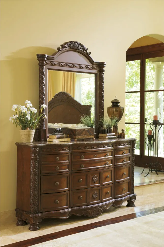 North Shore California King Poster Bed with Canopy with Mirrored Dresser, Chest and Nightstand