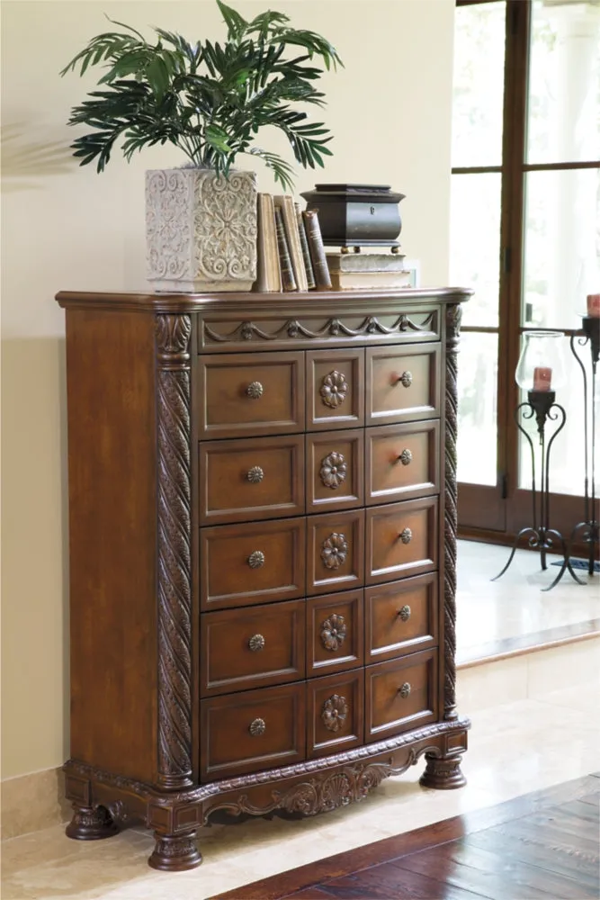 North Shore California King Poster Bed with Canopy with Mirrored Dresser, Chest and Nightstand