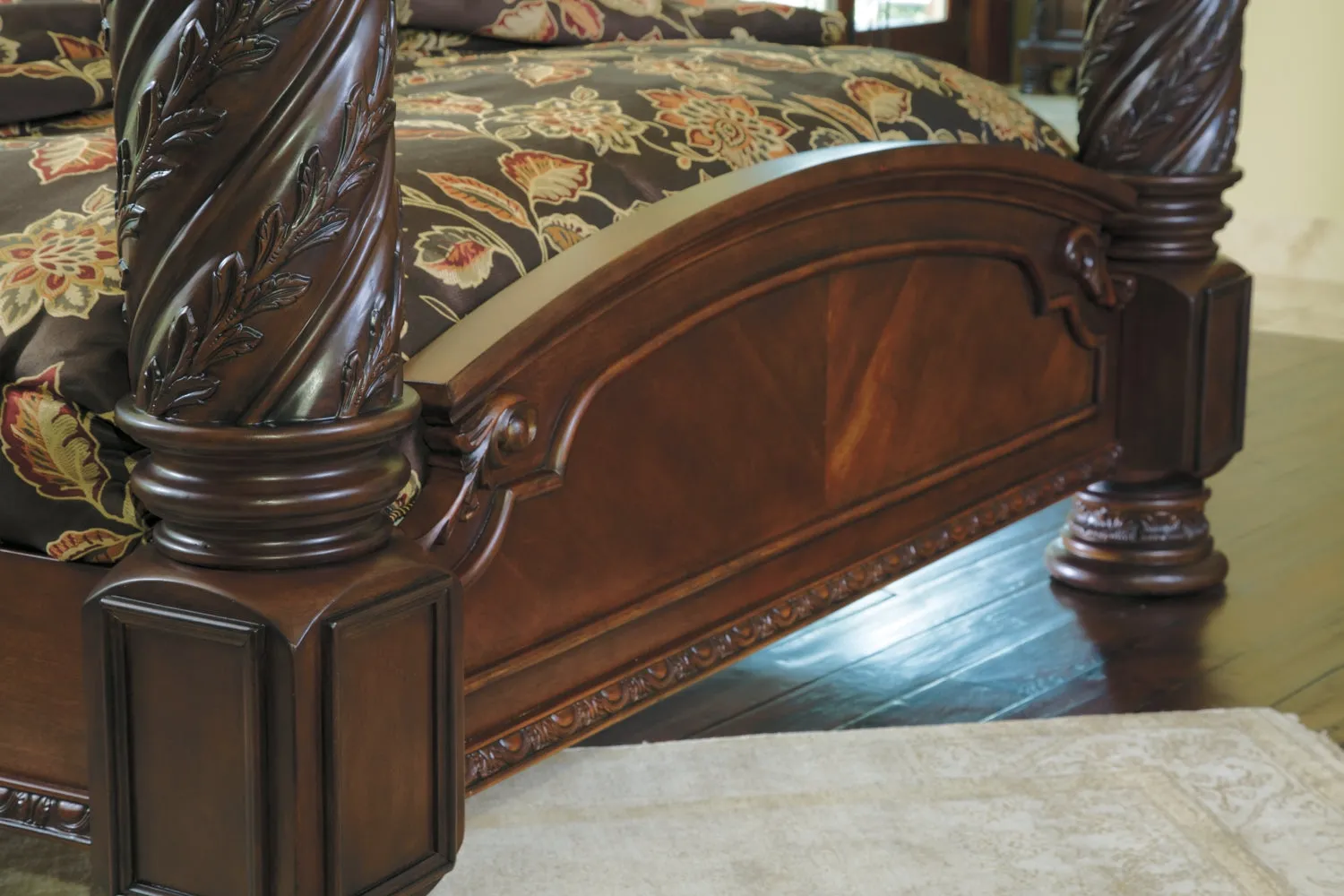 North Shore King Poster Bed with Canopy with Mirrored Dresser, Chest and Nightstand