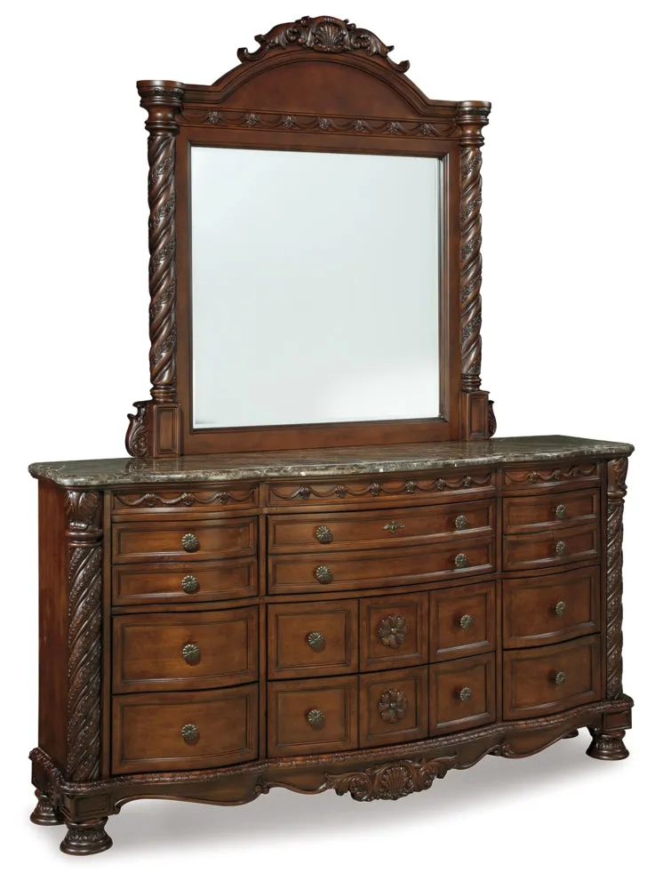 North Shore King Poster Bed with Canopy with Mirrored Dresser, Chest and Nightstand