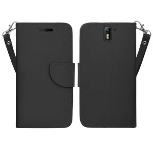 OnePlus One Case, Wrist Strap Flip Folio [Kickstand Feature] Pu Leather Wallet Case with ID & Credit Card Slots - Black