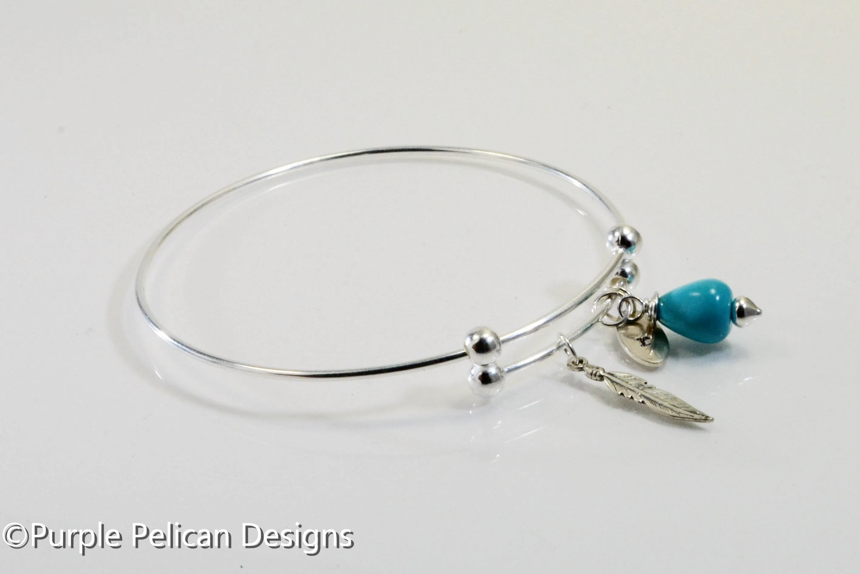Personalized Sterling Silver Expandable Bangle With Feather And Turquoise