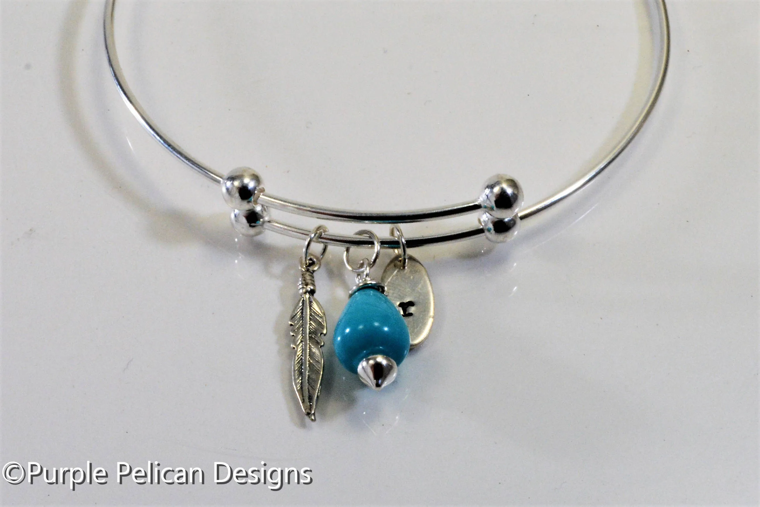 Personalized Sterling Silver Expandable Bangle With Feather And Turquoise
