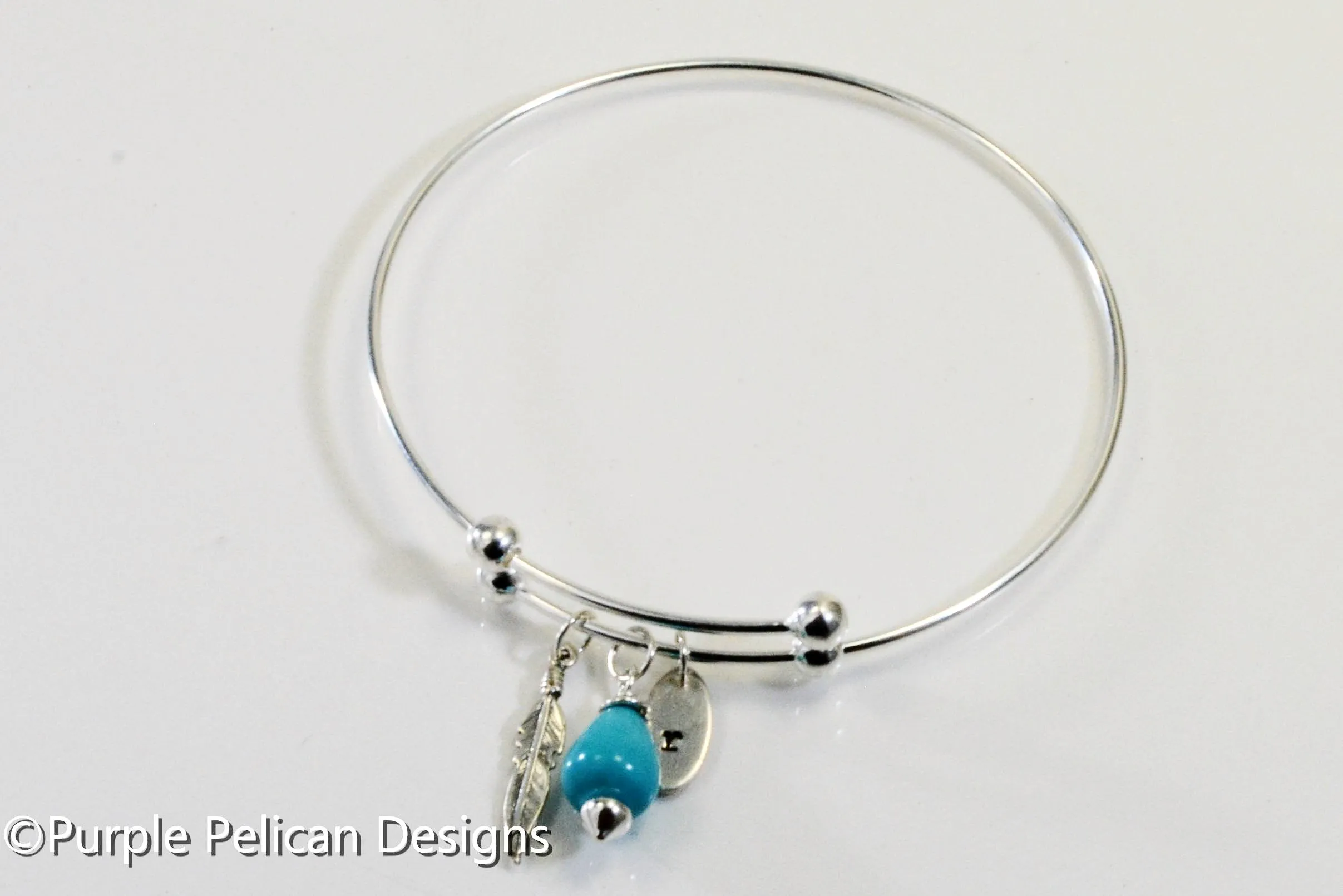 Personalized Sterling Silver Expandable Bangle With Feather And Turquoise