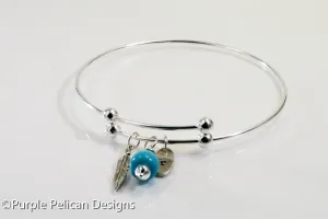 Personalized Sterling Silver Expandable Bangle With Feather And Turquoise