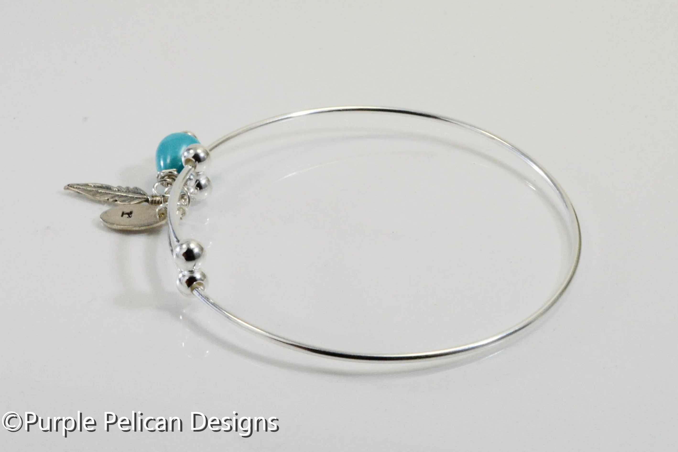 Personalized Sterling Silver Expandable Bangle With Feather And Turquoise