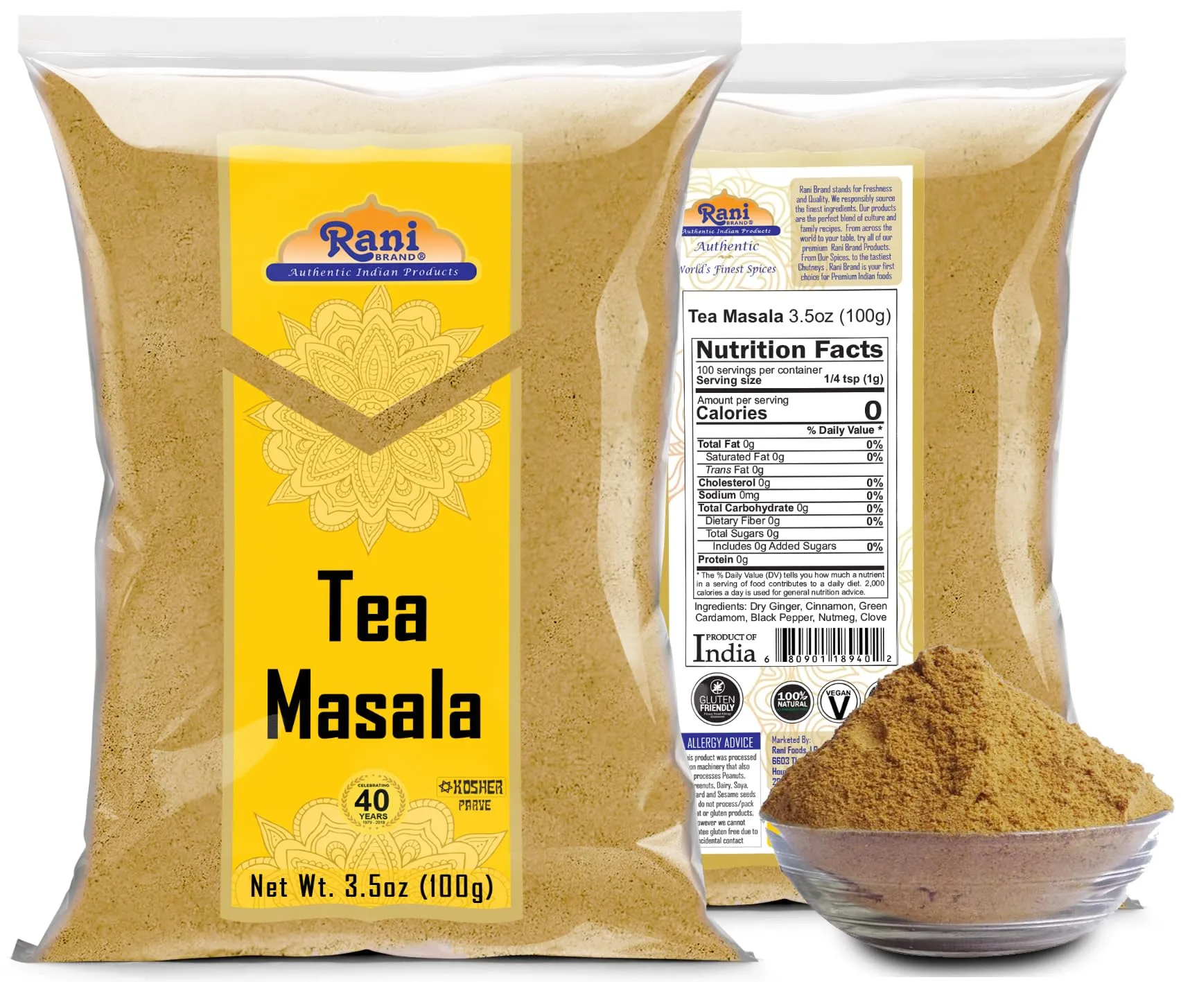 Rani Tea (Chai) Masala 3.5oz (100g) ~ All Natural | Vegan | Gluten Friendly | Salt & Sugar Free | NON-GMO | Kosher | No Colors