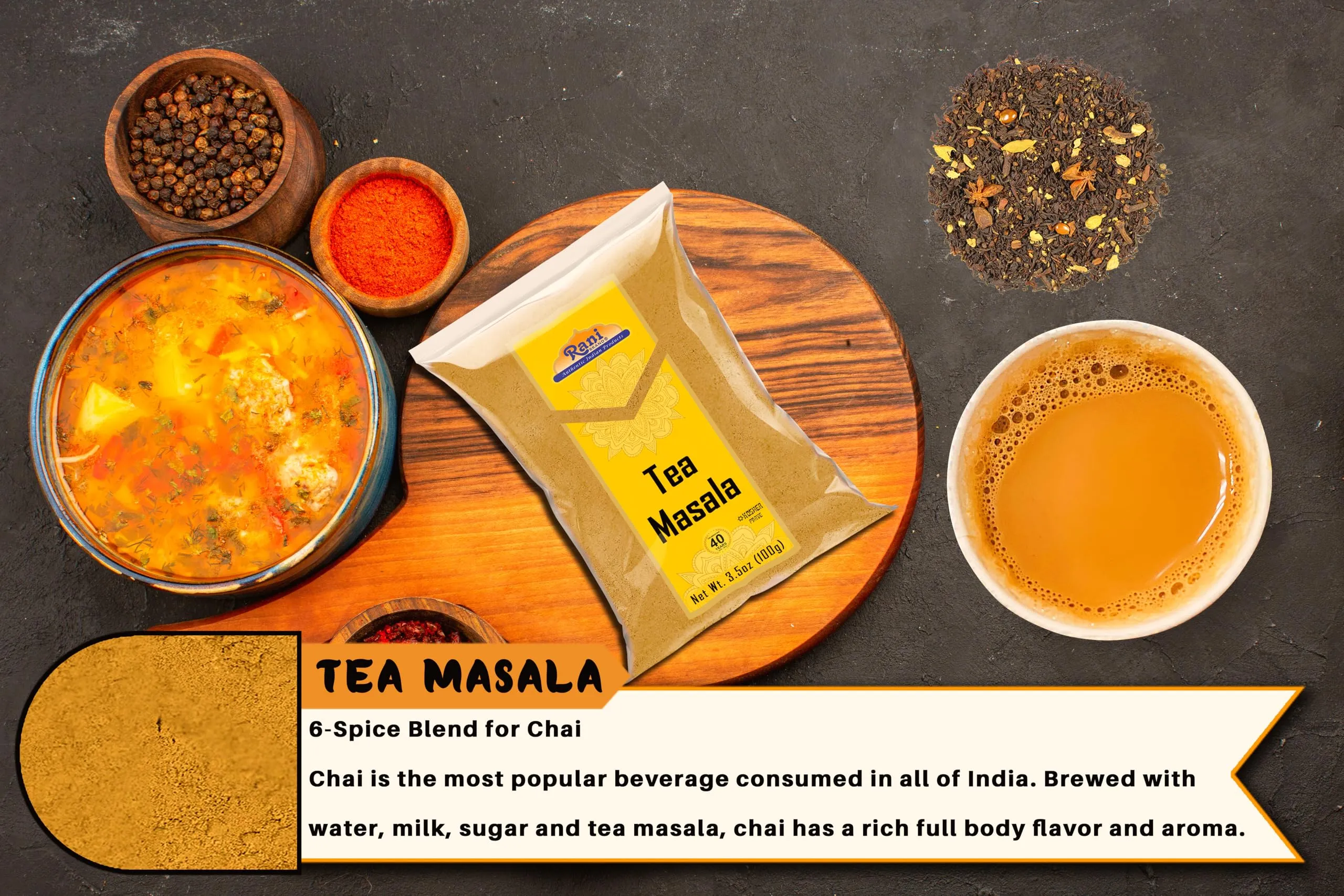 Rani Tea (Chai) Masala 3.5oz (100g) ~ All Natural | Vegan | Gluten Friendly | Salt & Sugar Free | NON-GMO | Kosher | No Colors