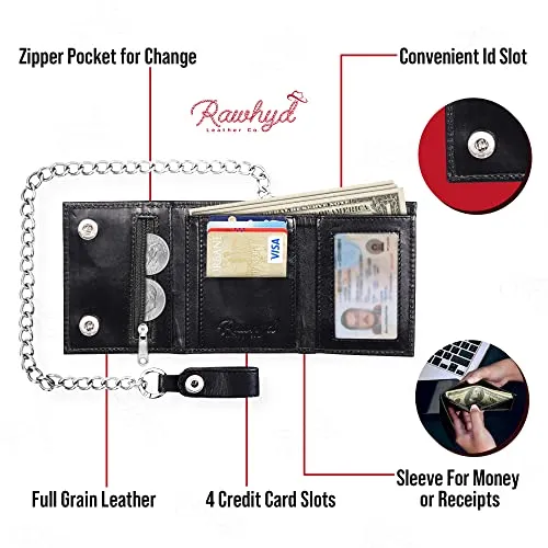 RAWHYD - Trifold Chain Wallet - Full Grain Leather - 10.5” x 4.5”
