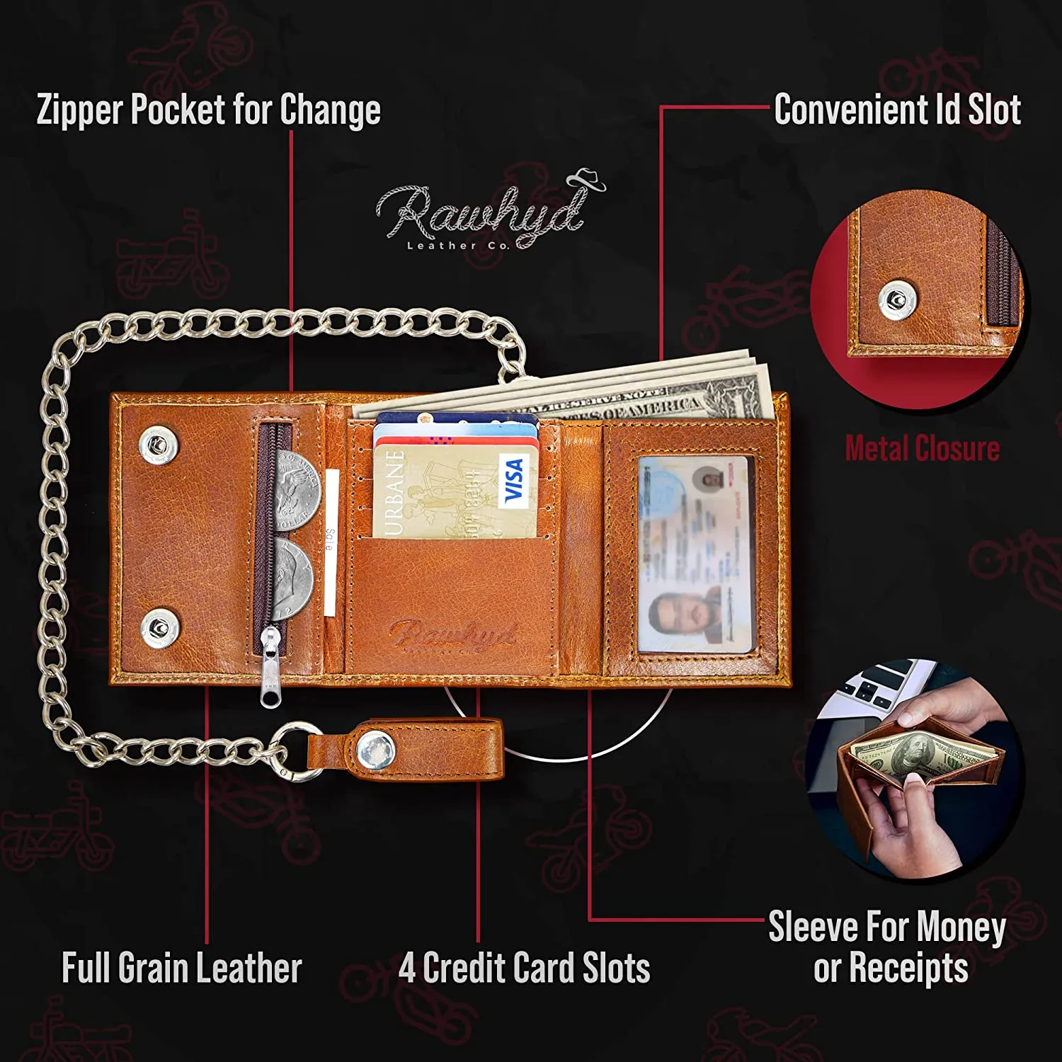 RAWHYD - Trifold Chain Wallet - Full Grain Leather - 10.5” x 4.5”