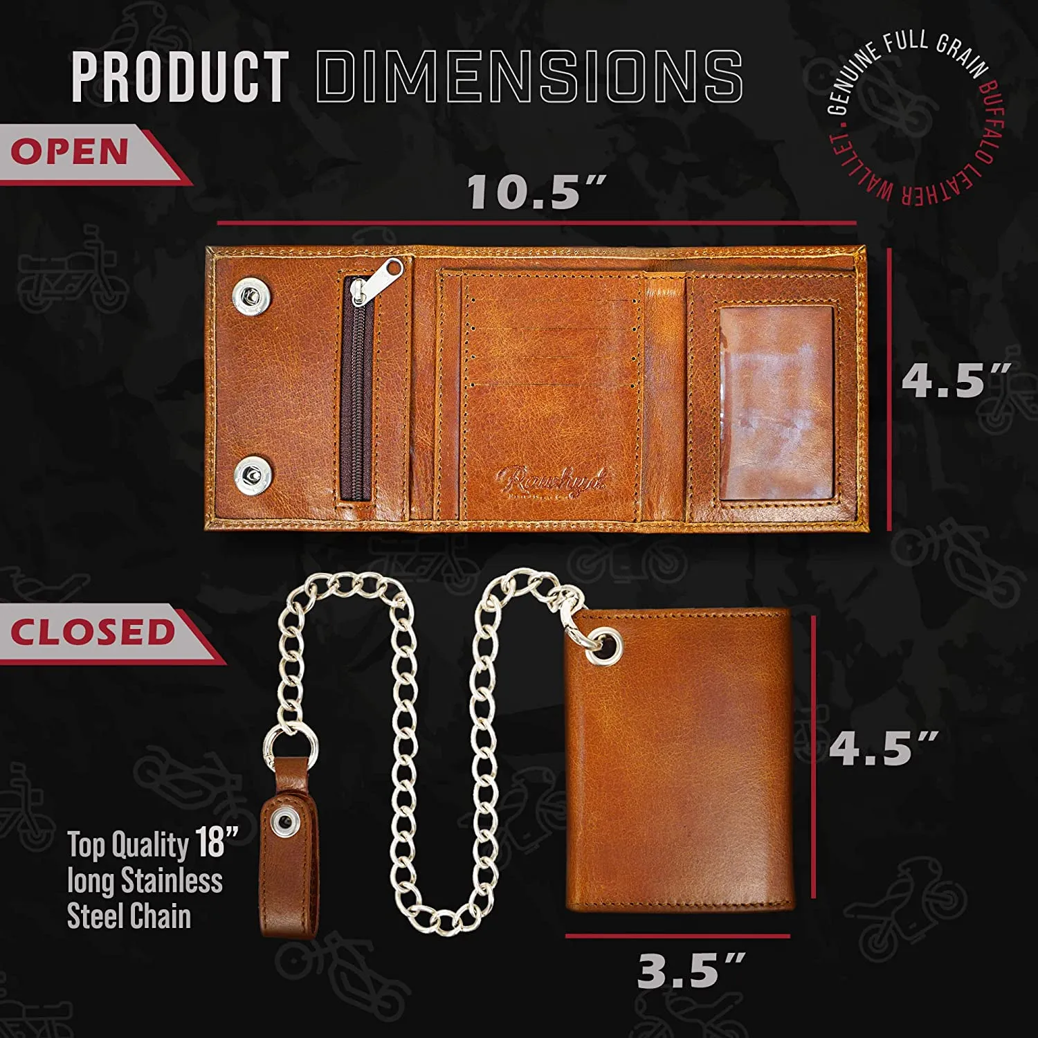 RAWHYD - Trifold Chain Wallet - Full Grain Leather - 10.5” x 4.5”