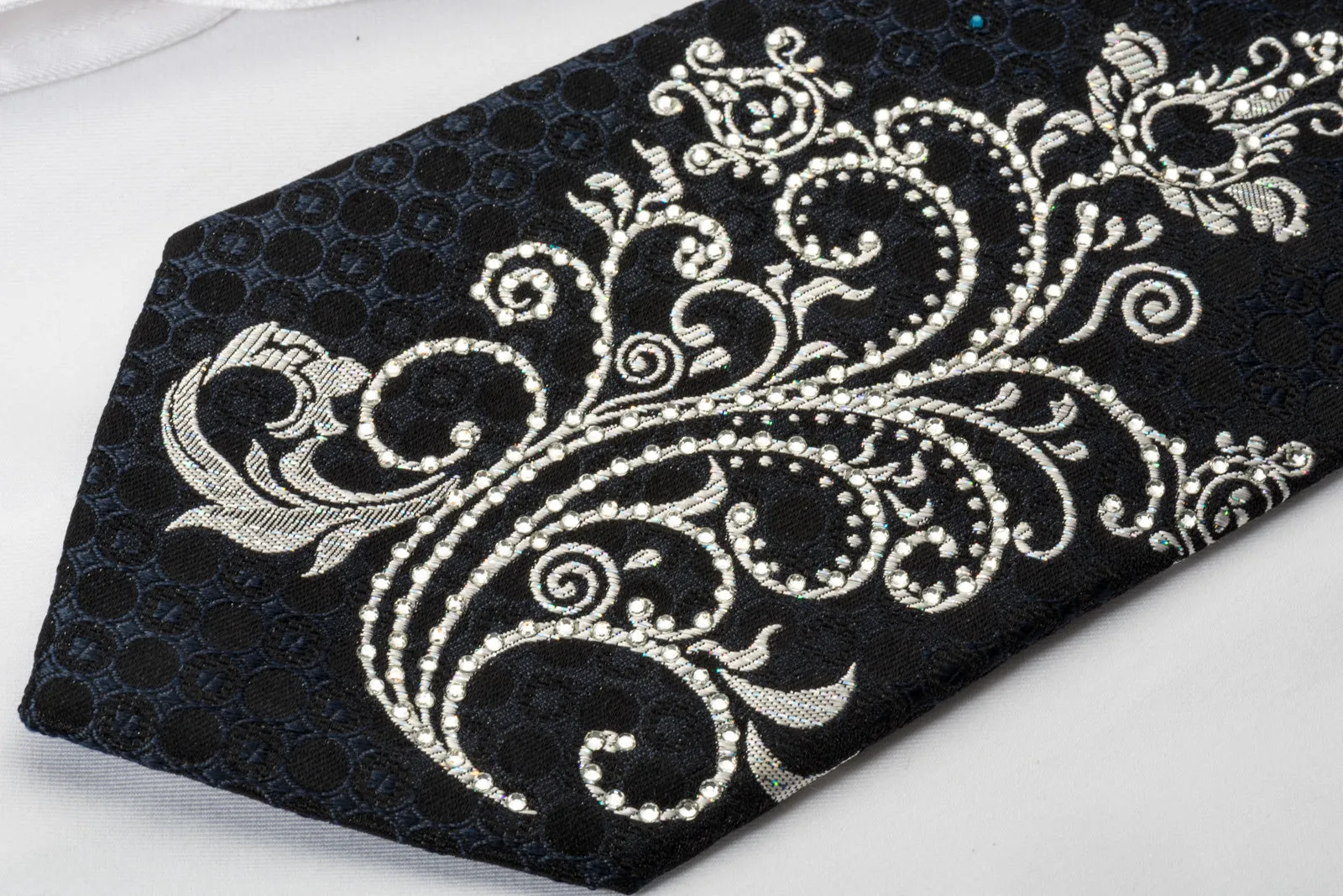 Remizio Rhinestone Silk Necktie Silver Scrolls & Damask On Black