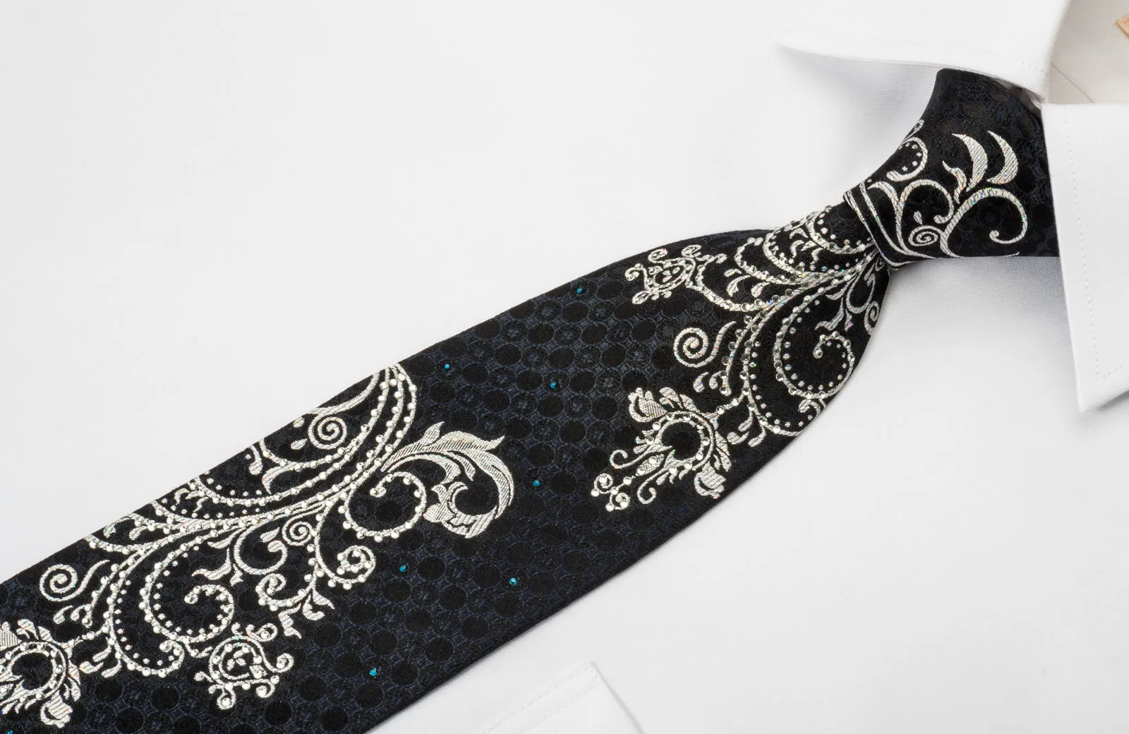 Remizio Rhinestone Silk Necktie Silver Scrolls & Damask On Black