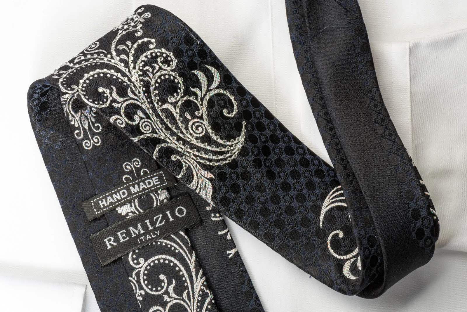 Remizio Rhinestone Silk Necktie Silver Scrolls & Damask On Black