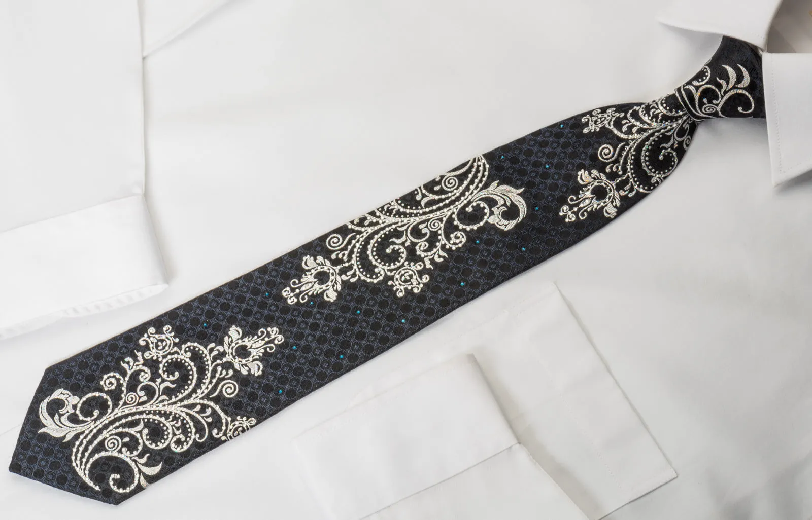 Remizio Rhinestone Silk Necktie Silver Scrolls & Damask On Black