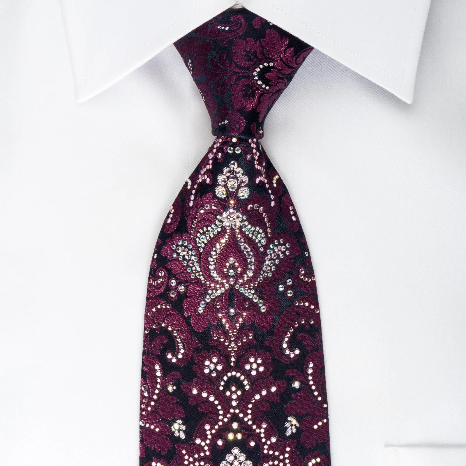 Renoma Rhinestone Tie Purple Damask On Black With Silver Sparkles