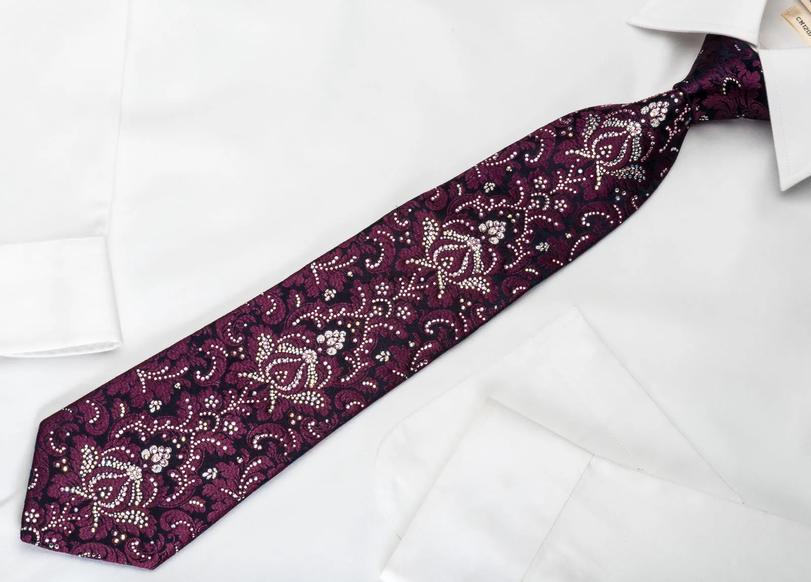Renoma Rhinestone Tie Purple Damask On Black With Silver Sparkles